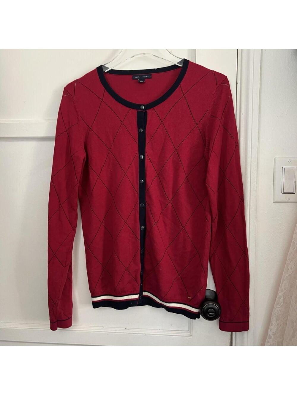 Tommy Hilfiger Women’s Small S Red Argyle Cardigan Sweater Preppy Button Up